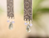 Sterling Bar Earrings with Spiral Texture: Moss Aquamarine and Tanzanite