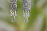 Sterling Bar Earrings with Spiral Texture: Moss Aquamarine and Tanzanite