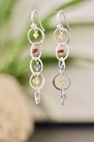 Sterling Silver Hammered Hoop Chain Earrings with Small Gemstones