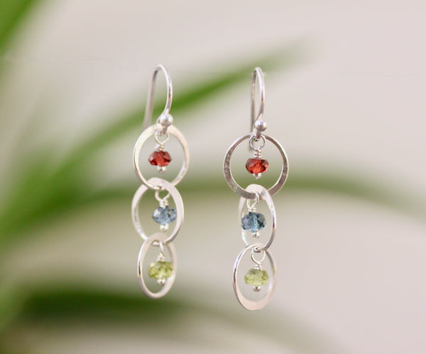 Sterling Silver Hammered Hoop Chain Earrings with Small Gemstones