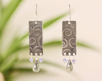 Sterling Bar Earrings with Spiral Texture: Moss Aquamarine and Tanzanite