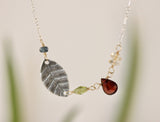 Mixed Metal Stamped Leaf and Gemstone Necklace