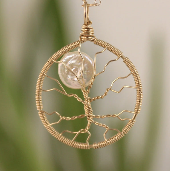 small gold filled full moon tree of life pendant