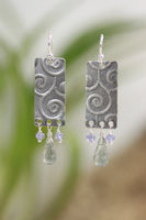 Sterling Bar Earrings with Spiral Texture: Moss Aquamarine and Tanzanite